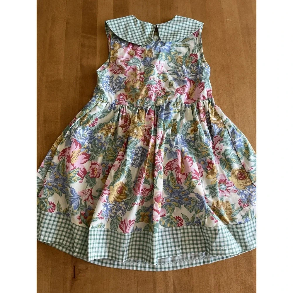 Vintage Rachel's Kids‎ Floral Gingham Peter Pan Collar Dress Sz 6X Green Plaid